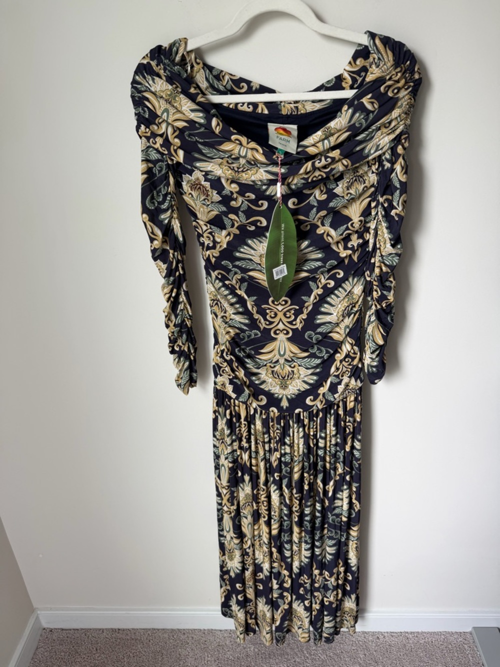 Farm Rio Navy Arabesque off the shoulder maxi dress